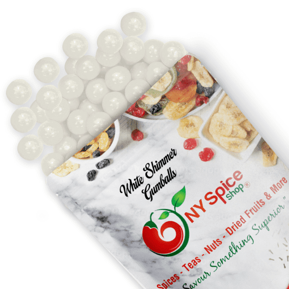 NY SPICE SHOP White Shimmer Gumballs - 1 Pound - Approx. 50 Pieces Per Pound - Tutti Frutti Flavor - Pearl White Gumballs - Iridescent White Gumballs - Shiny White Chewing Gum Balls