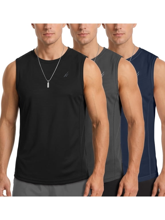 3 Pack Breathable Mesh Mens Tank Top Workout Muscle Shirts for Running, Medium, Black/Dark Grey/Navy