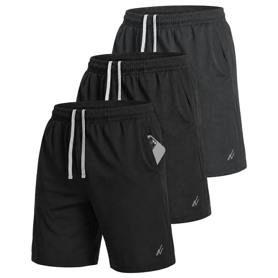 NY Threads Multipack Mens Athletic Shorts, Large, Black/Black/Dark Grey