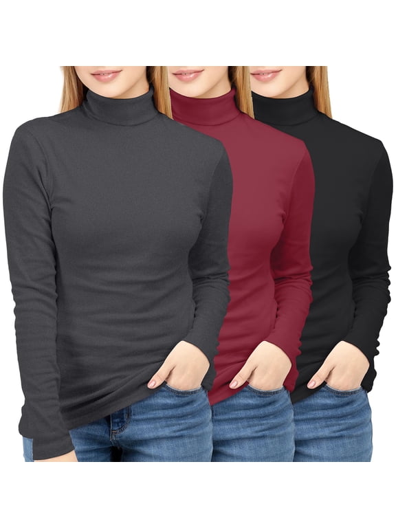 3 Pack Womens Turtleneck Long Sleeve Tops Slim Fit Thermal Underwear Shirts Turtle Neck for Women, Large, Black/Red/Grey