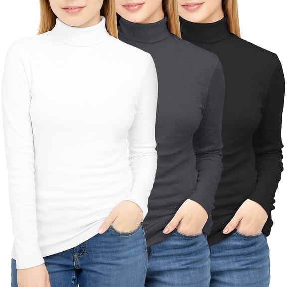 NY Threads 3 Pack Womens Turtleneck Long Sleeve Tops Slim Fit Thermal Underwear Shirts Turtle Neck for Women, Medium, Black/White/Grey