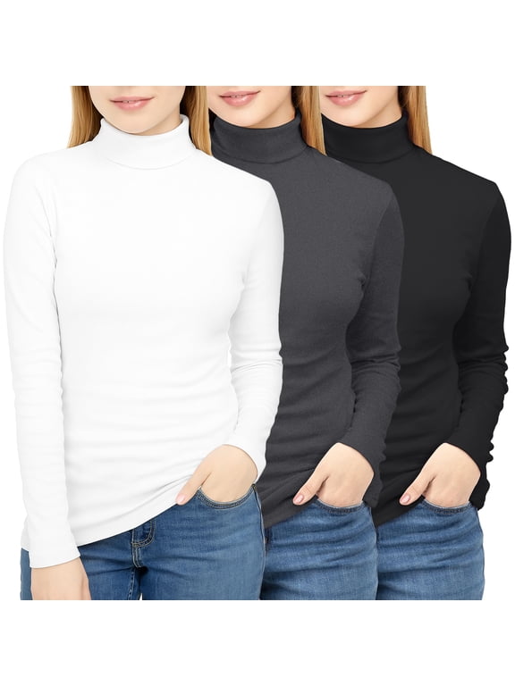 3 Pack Womens Turtleneck Long Sleeve Tops Slim Fit Thermal Underwear Shirts Turtle Neck for Women, Medium, Black/White/Grey