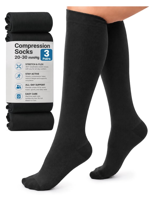 3 Pairs Breathable 360° Stretch Compression Socks for Women Men 20-30 mmHg, Large-X-Large, Black, Black, Black