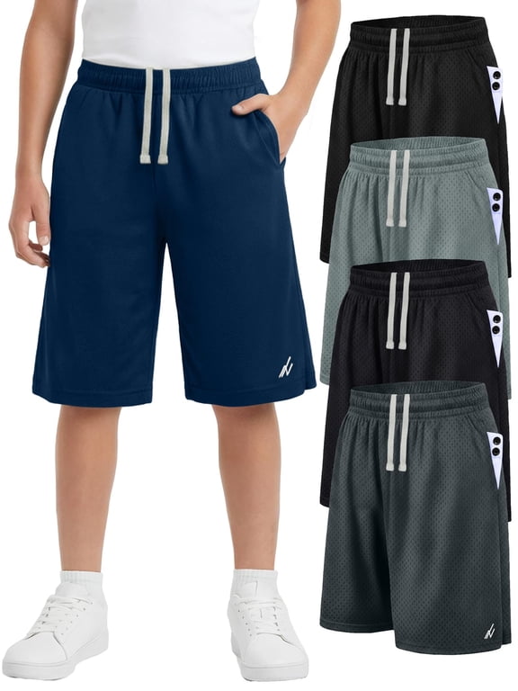 5 Pack Boys Athletic Shorts Quick Dry Lightweight Basketball Shorts for Kids Youth with Pockets and Drawstring, Large, Black/Black/Dark Grey/Navy/Medium Grey