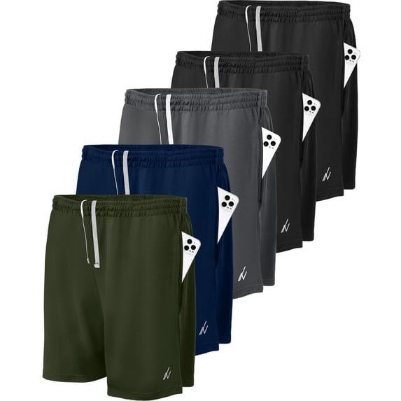 NY Threads 5 Pack Men's Athletic Shorts Quick Dry Loose-Fit Lightweight Running Workout Gym Shorts with Pockets, Medium, Black/Black/Navy/Dark Grey/Army Green