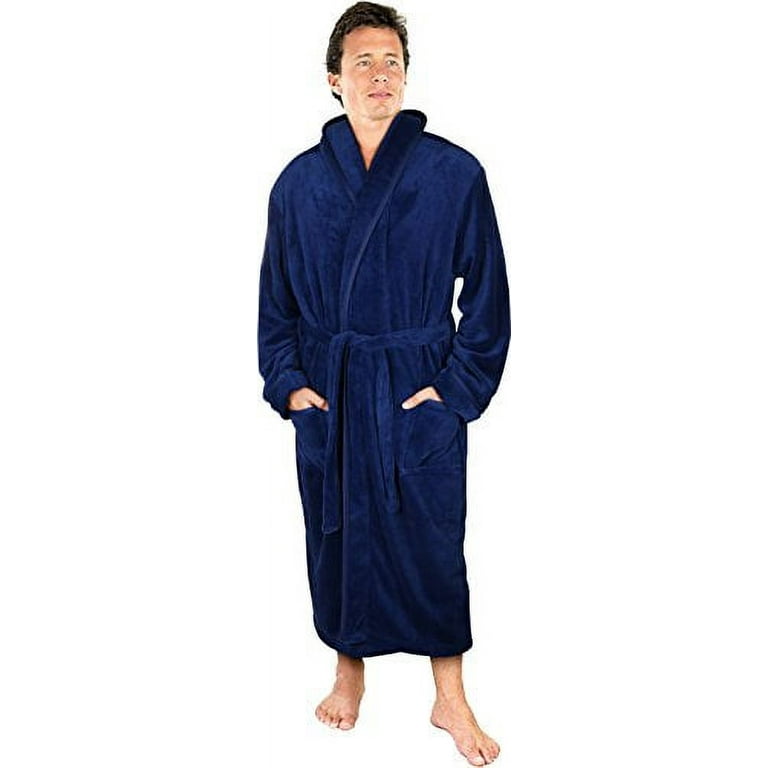 NY Threads Luxurious Men's Shawl Collar Fleece Bathrobe Spa Robe Navy