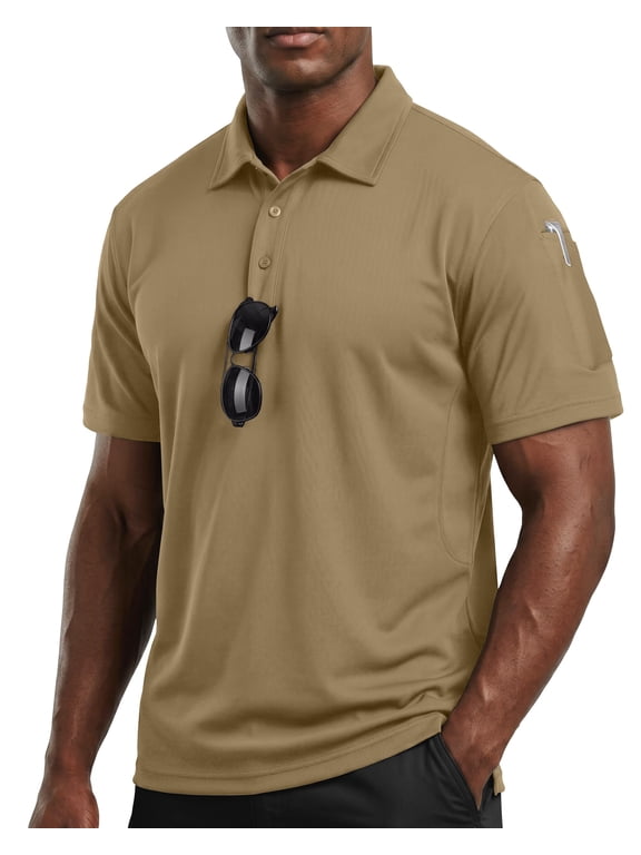 Men's Polo Shirt Short Sleeves UPF 50+ Quick Dry Performance Tactical Pique Jersey Golf Shirt, Large, Beige