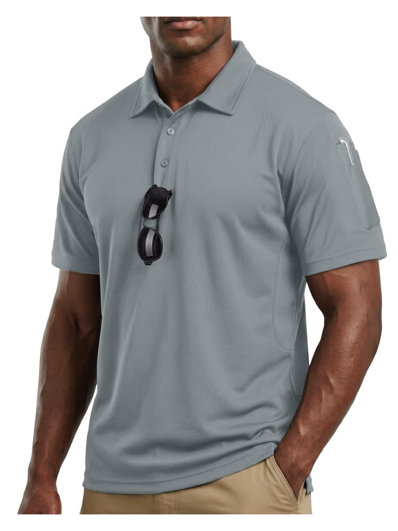 Men's Polo Shirt Short Sleeves UPF 50+ Quick Dry Performance Tactical Pique Jersey Golf Shirt, Large, Light Grey