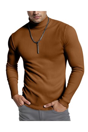 Men's Ribbed Turtleneck Slim Fit Pullover Casual Long Sleeves Basic Top, Large, Orange
