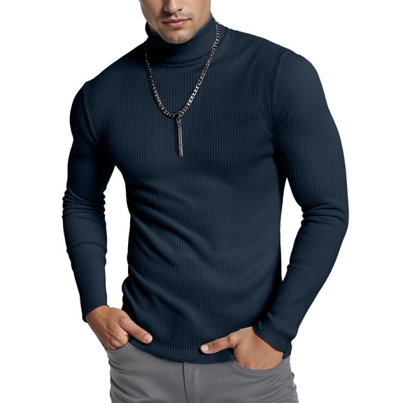 NY Threads Men's Ribbed Turtleneck Slim Fit Pullover Casual Long Sleeves Basic Top, Medium, Navy