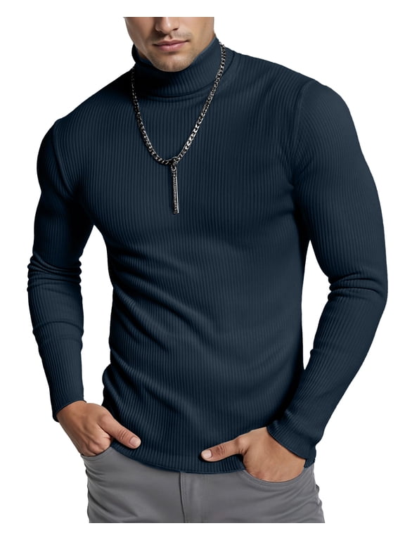 Men's Ribbed Turtleneck Slim Fit Pullover Casual Long Sleeves Basic Top, Medium, Navy