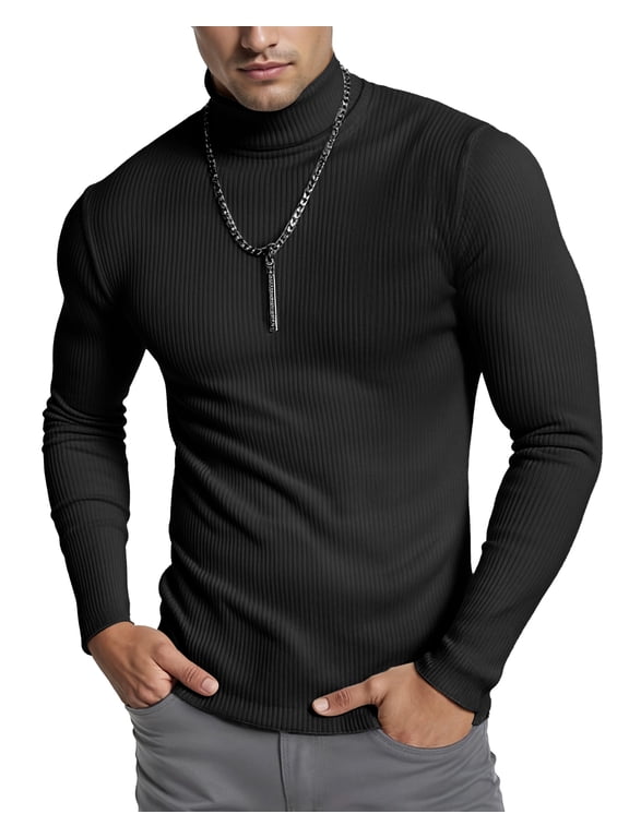 Men's Ribbed Turtleneck Slim Fit Pullover Casual Long Sleeves Basic Top, X-Large, Black