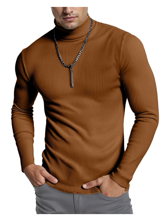 Men's Ribbed Turtleneck Slim Fit Pullover Casual Long Sleeves Basic Top, X - Large, Orange