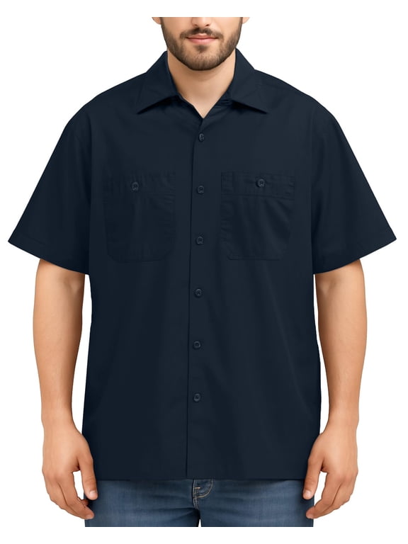 Men's Work Shirt Two Pockets Short-Sleeve Industrial Work Wear, Large, Navy