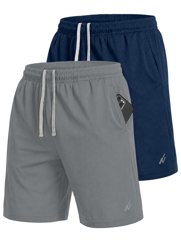 Mens Athletic Shorts 2 Pack Quick Dry Lightweight Running Workout Gym Shorts with Pockets, Large, Medium Grey/Navy