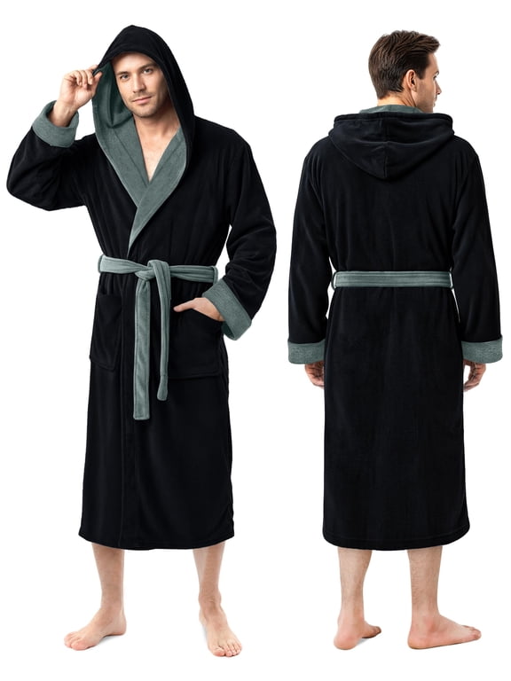 Mens Robe with Hood, Luxury Plush Fleece Hooded Mens Bathrobe, Spa Bath Robe for Men, 2X-Large/3X-Large, Black and Steel Grey