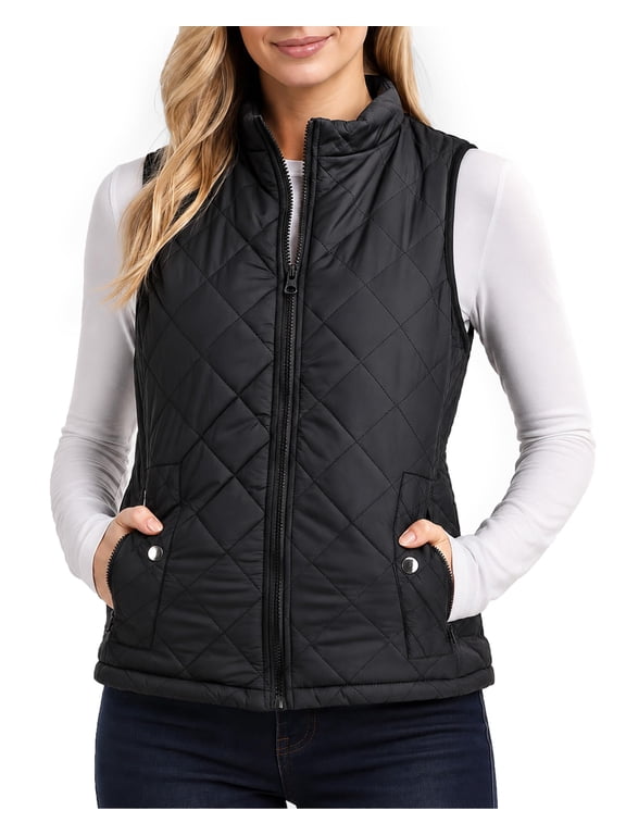 Puffer Vest Women Slim Fit Lightweight Stand Collar Quilted Zip Puffer Vest, Large, Black