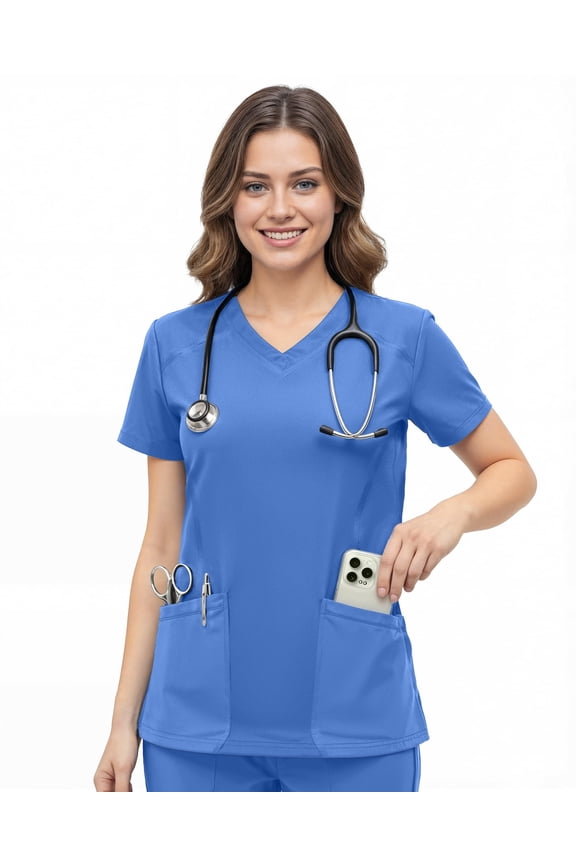Scrub Tops for Women Soft Stretch V-Neck Medical Scrub Top with Pockets, Medium, Ceil Blue