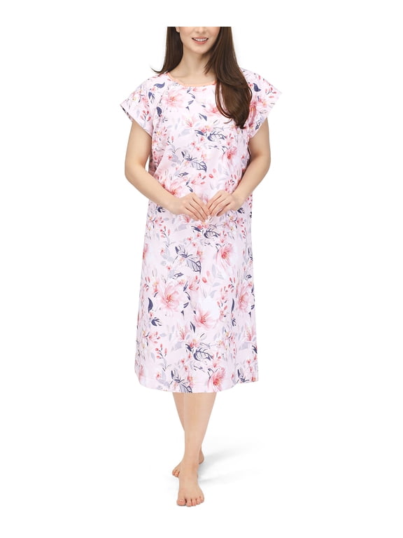 Women's Hospital Gown Soft and Stylish Patient Gown, Small-Medium, White Rose - Pink
