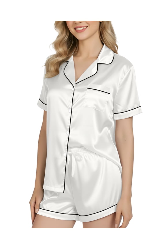 Women's Silk Satin Pajamas Set Button Down Top and Shorts 2 Piece Sleepwear Loungewear Pjs Set, Small, White