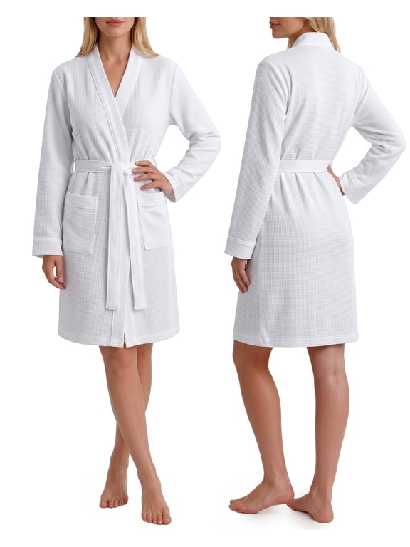 Womens Robe Soft Knit Waffle Bathrobe Lightweight Knee-Length Loungewear, Medium, White
