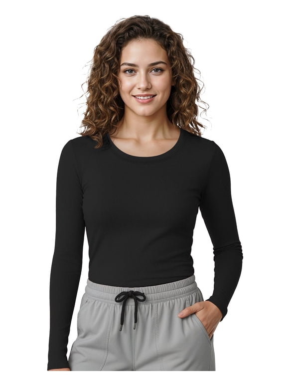 Womens Under Scrub Slim Fit Long Sleeve T-Shirt Underscrub Comfort Tee, Large, Black