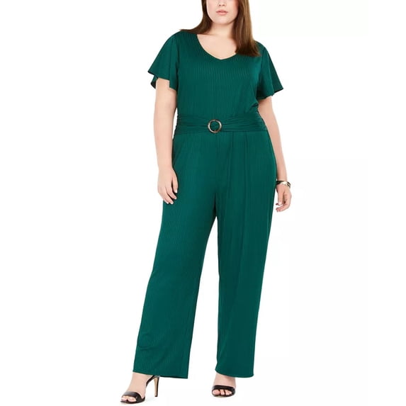 NY Women's Collection Plus Size Ribbed Belted Jumpsuit Dark Green Size 3X