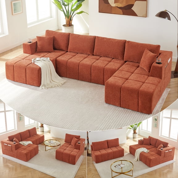 NYBOPAVIS 132" Sectional Sofa, Modular Sectional Couch Convertible Sofa Bed, 6 Seat Chenille Sofa Couch with Movable Ottoman, Cup Holders & Side Pockets, Orange