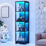 Display Cabinet with Adjustable shelves & LED Lights,4-Tier Modern Glass Display Case with Glass Doors for Living Room & Bedroom, Black