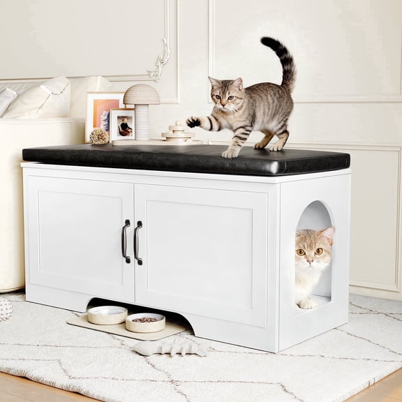 Hidden Cat Litter Box Enclosure Furniture with Adjustable Shelves,Wooden Cat Litter Box Furniture with Removable Seat Cushion for Pet Supplies White