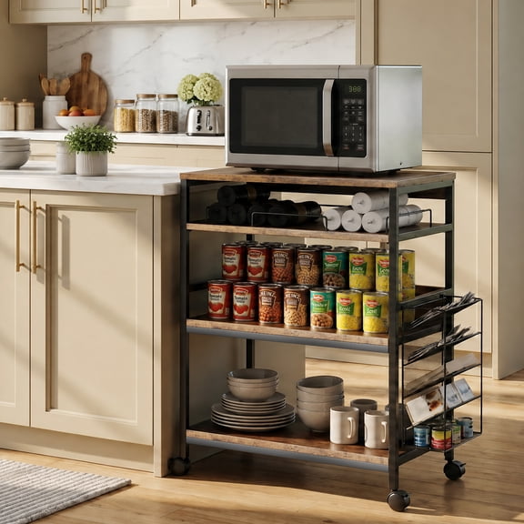 NYBOPAVIS Large Rolling Kitchen Island Cart, 4 TierMicrowave Stand with Sliding Tray, Rolling Bakers Rack with Adjustable Height, Brown
