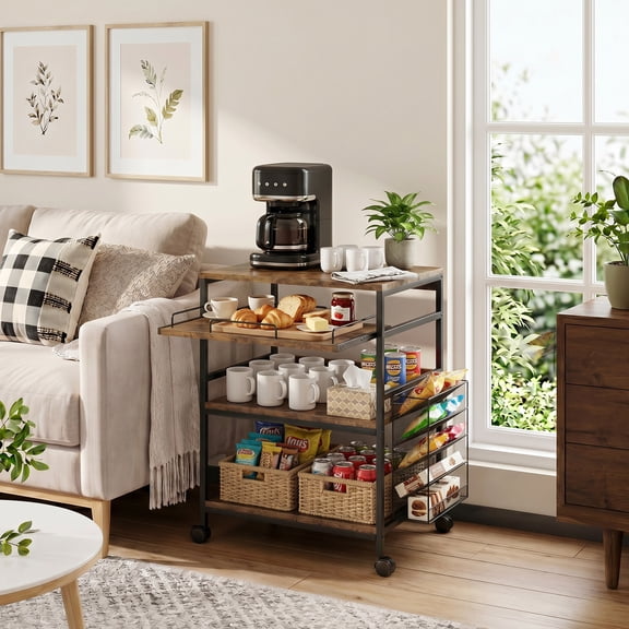 NYBOPAVIS Large Rolling Kitchen Island Cart, 4 TierMicrowave Stand with Sliding Tray, Rolling Bakers Rack with Adjustable Height, Brown