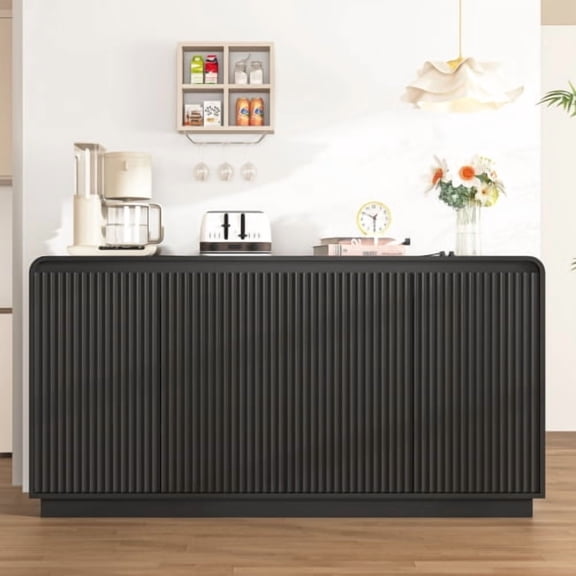 NYBOPAVIS Mid-Century Black TV Stand, Fluted 4-Door Media Console with Power Outlet, Handleless Wave Design Storage Cabinet for Living Room