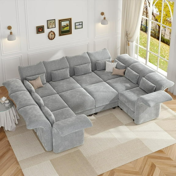 NYBOPAVIS Modular Sectional Sofa, 10 Seat Modular Sectional Sofa Convertible Sleeper Sofa Bed, 25.6" Deep Seat Chenille Sofa for Living Room Gray