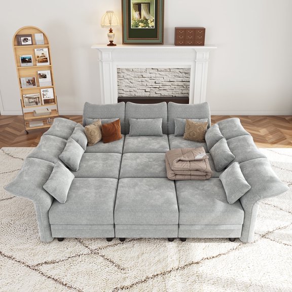 NYBOPAVIS Modular Sectional Sofa, 9 Seat Modular Sectional Sofa Convertible Sleeper Sofa Bed, 25.6" Deep Seat Chenille Sofa for Living Room Gray