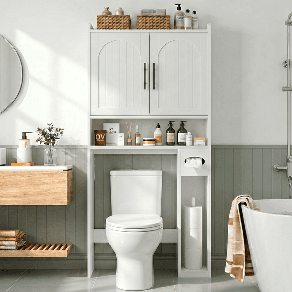 NYBOPAVIS Over The Toilet Storage Cabinet with Adjustable Shelf & Toilet Paper Holder,3-Tier Freestanding Over Toilet Storage Rack,White