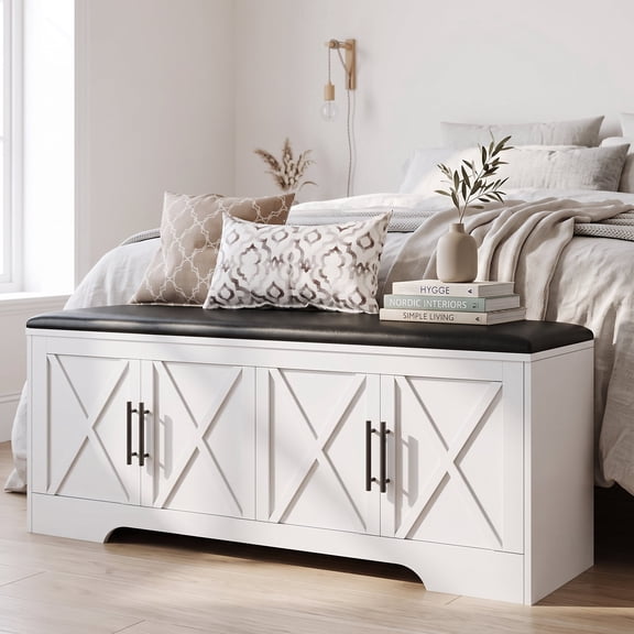 NYBOPAVIS Storage Bench with Cushion, 47.2" End of Bed Storage Bench with Lift Top, Window Bench Seat with Storage for Bedroom, Mudroom, Entryway, Living Room & Hallway, White