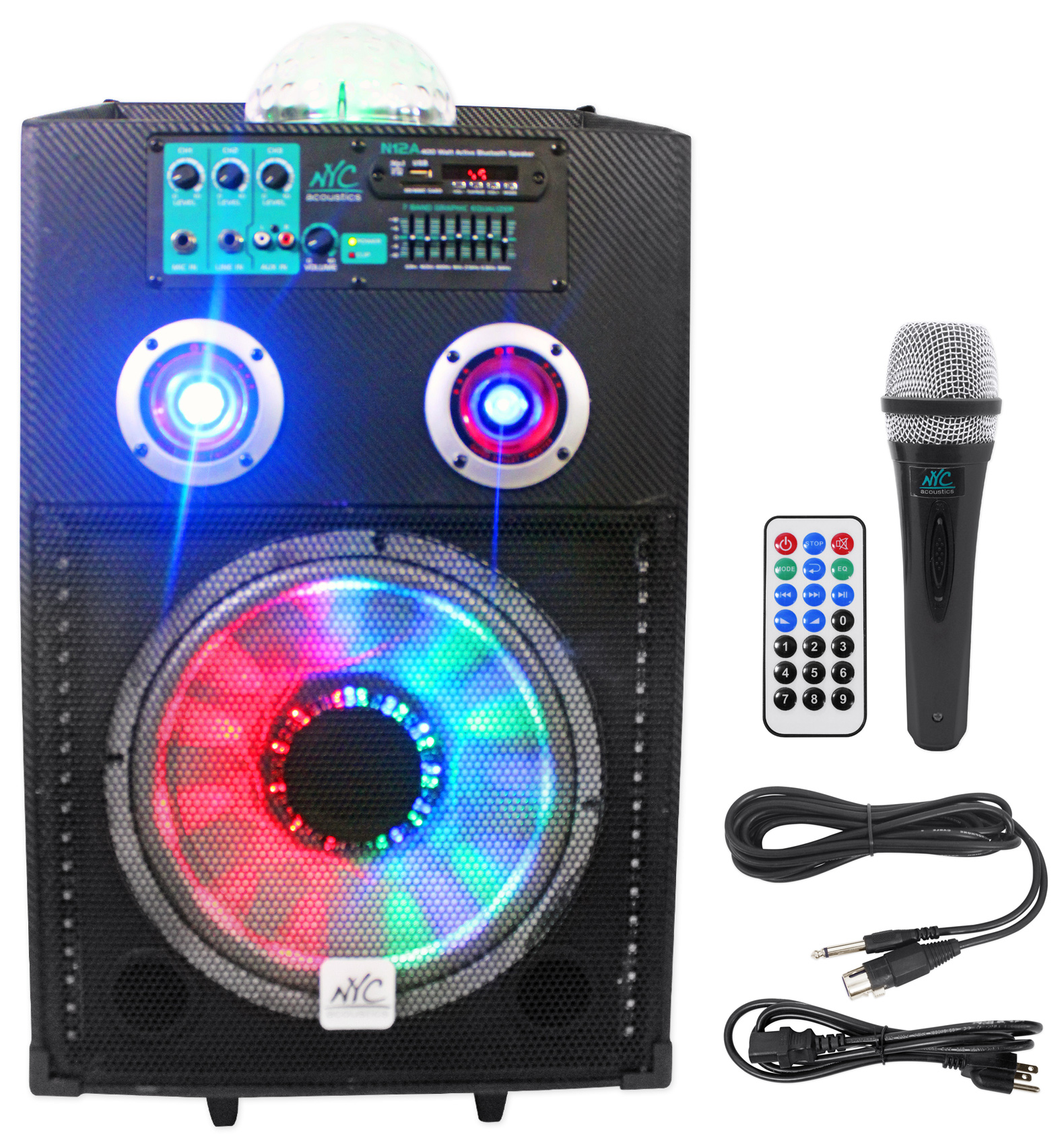 NYC Acoustics N12A 12" 400w Powered Speaker Bluetooth, Party Lights+Microphone - image 1 of 9