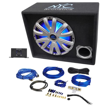 NYC Acoustics NSE12L 12" 1200w Powered Car Subwoofer/Sub Enclosure+LED+Amp Kit