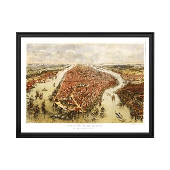 NYC Art, 1865 Vintage Map of NYC New York, NY History Wall Decor Gift, Old NYC Map - 24" x 18" Black Framed Print