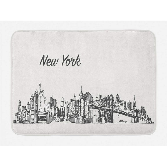 NYC Bath Mat, Simplistic Sketch of New York City Skyline Manhattan Bridge Lady Liberty, Plush Bathroom Decor Mat with Non Slip Backing, 29.5" X 17.5", White Charcoal