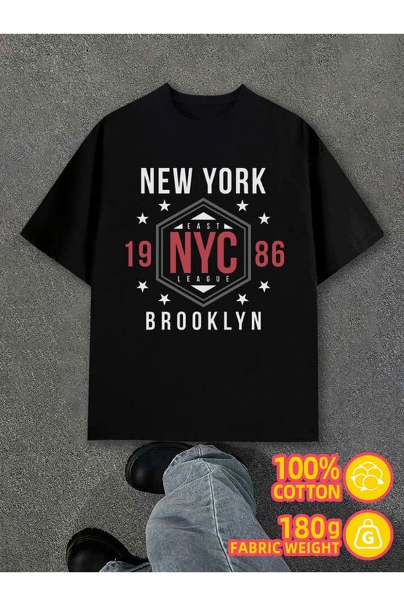 NYC Brooklyn Tee men's black 180G 100% Cotton Refreshing and lightweight,perfect for summer sports and leisure wear Retro Unisex Shirt Cotton tshirts