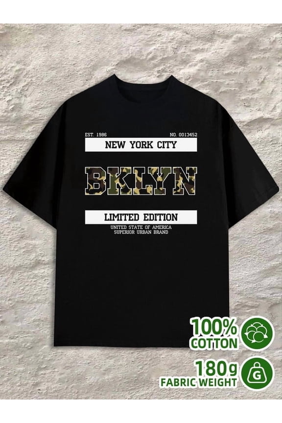 NYC Camo BKLYN Tee mens 180G 100% Cotton black Casual Unisex Shirt Printed tshirts Trendy Unisex Shirt Short Sleeve tshirts Trendy Unisex Shirt Cotton tshirts
