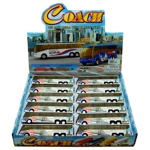 NYC Coach Bus Diecast Car Package - Box of 12 assorted 6 Inch Scale Diecast Model Cars