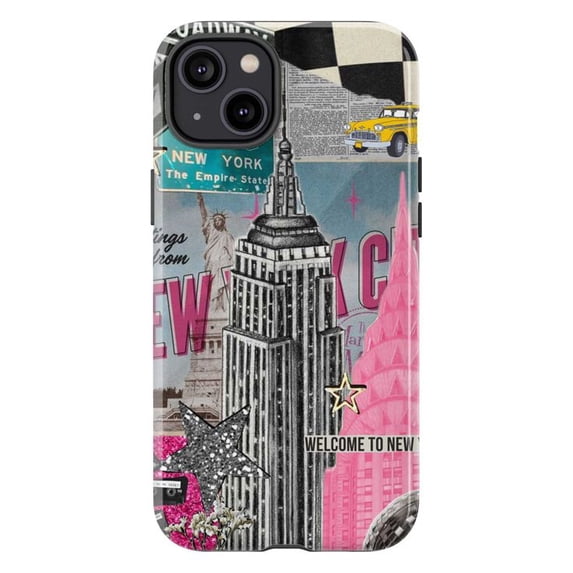 NYC Collage Phone Case, Retro Travel Aesthetic Empire State Building Taxi Design Protective Cover, Trendy Vintage iPhone Case for iPhone 17 16 15 14 13 12 11 Pro Plus Mini