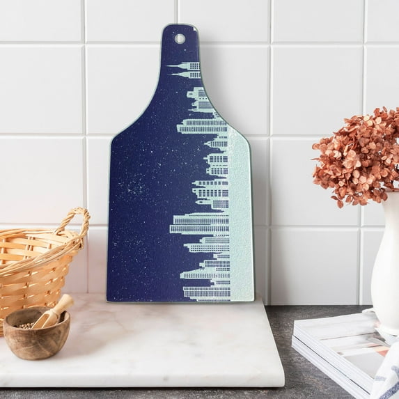 NYC Cutting Board, Illustration of New York Skyline at Night Starry Sky United States Print, Decorative Tempered Glass Cutting and Serving Board, in 3 Sizes, by Ambesonne