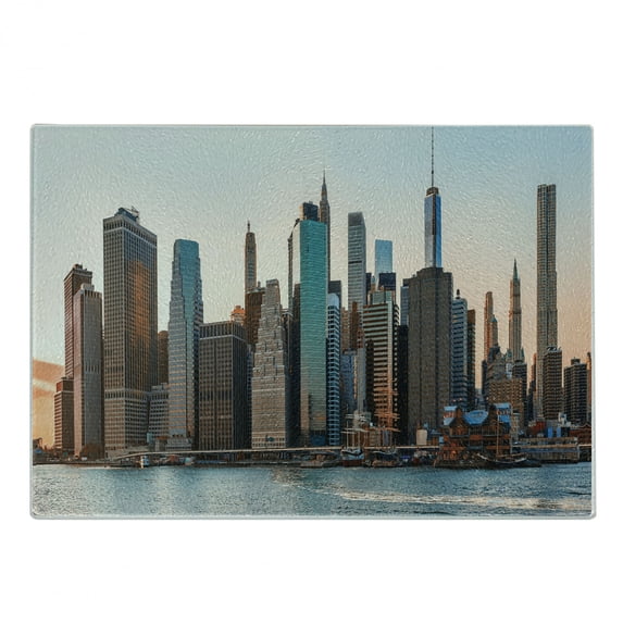 NYC Cutting Board, Manhattan New York City Skyline and Shore with Vibrant Colored Sunset Panorama, Decorative Tempered Glass Cutting and Serving Board, in 3 Sizes, by Ambesonne