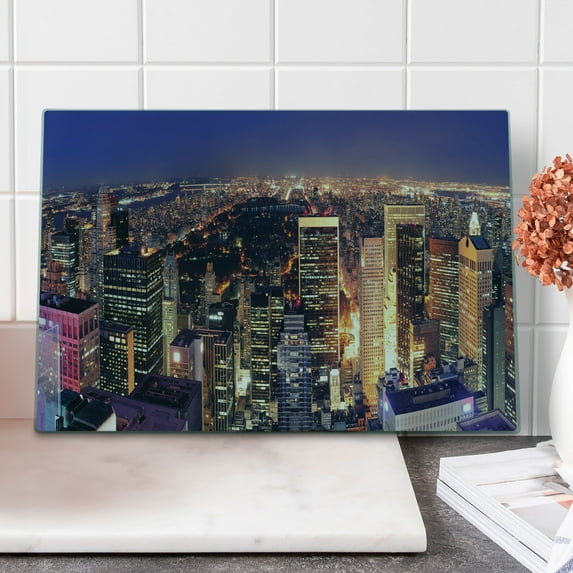 NYC Cutting Board, New York Big Apple Fascinating Panoramic Aerial Photo at Night City Theme Print, Decorative Tempered Glass Cutting and Serving Board, in 3 Sizes, by Ambesonne