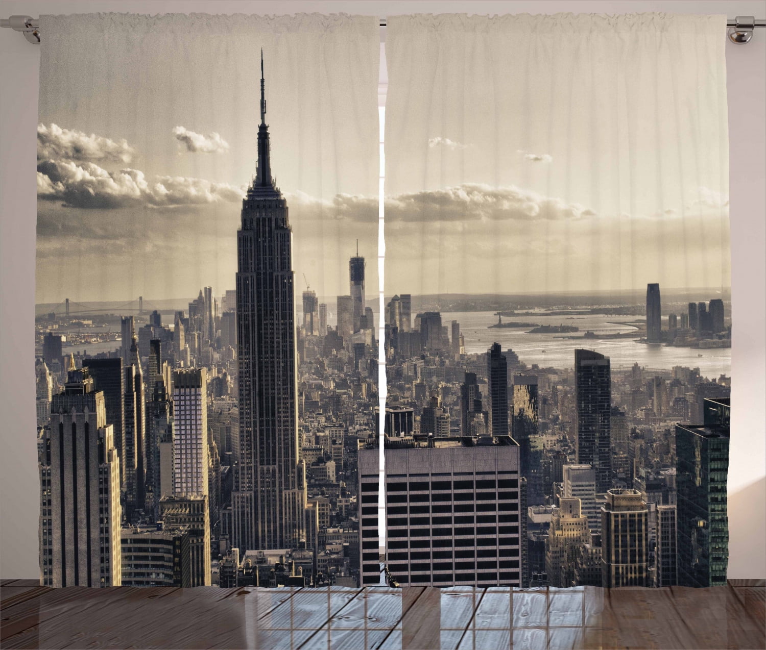 Gray Polyester NYC Skyline Light-Filtering Curtain Panels, 108" x 84"