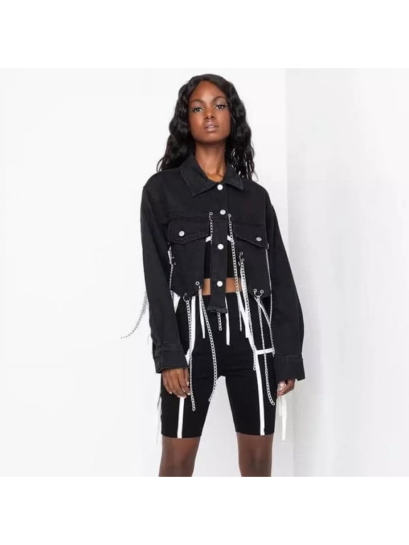 NYC Dollhouse Denim Ripped Distressed Jean Jacket for Women w/ Chains